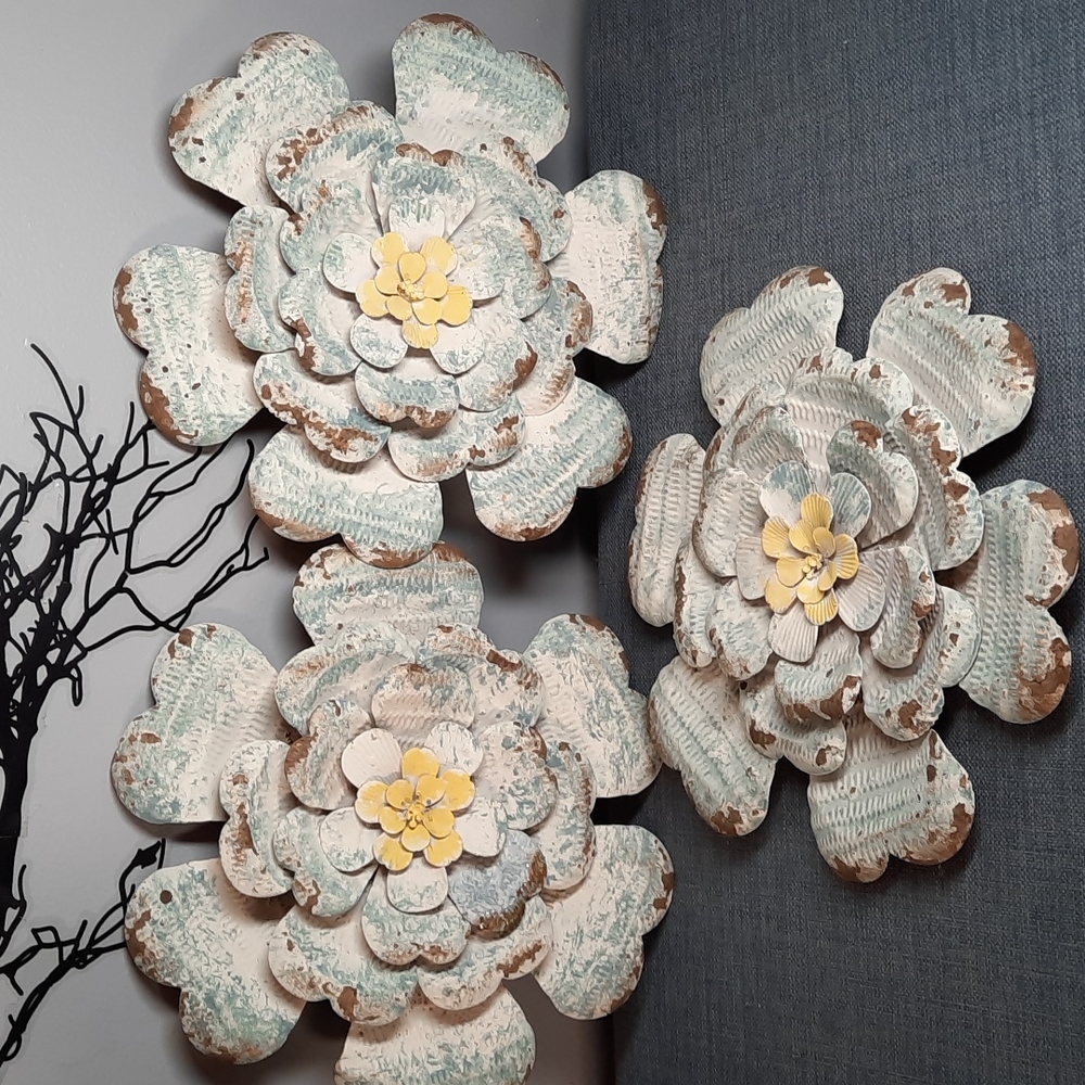 Blue Flower Metal Wall Art Hanging Home Decor Urban Farm Rustic Garden 3pc NWT